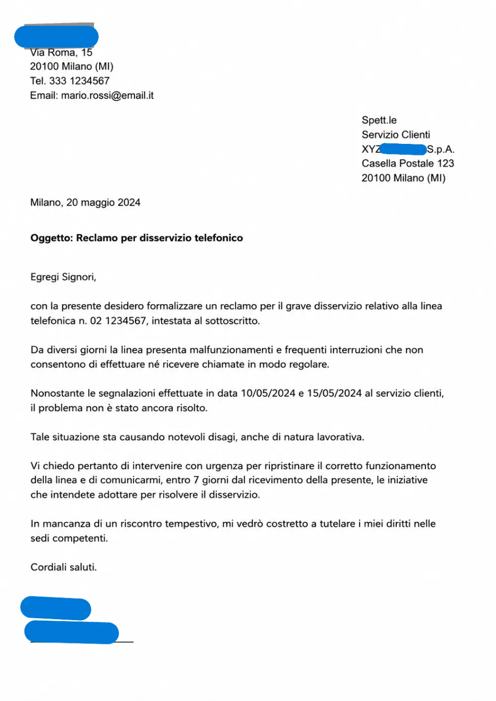 Esempio di lettera di reclamo per disservizio telefonico