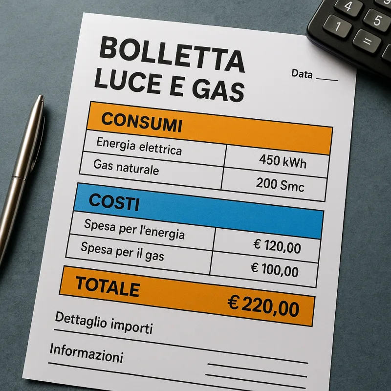Immagine di una bolletta di luce e gas con evidenziati i costi e i consumi.